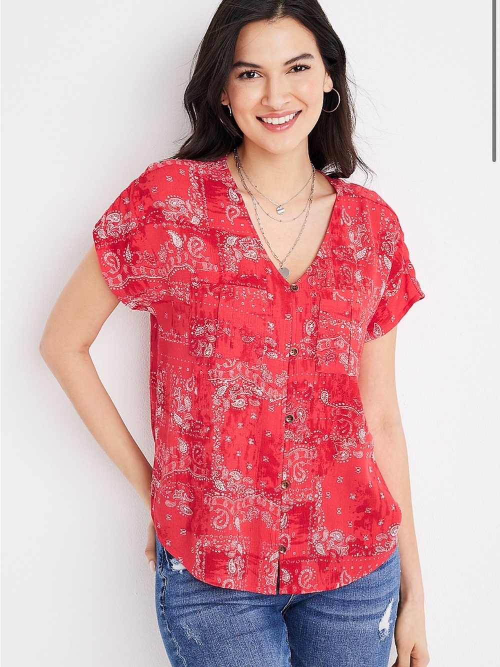 Maurices Red Paisley Button-Down Blouse Size Large